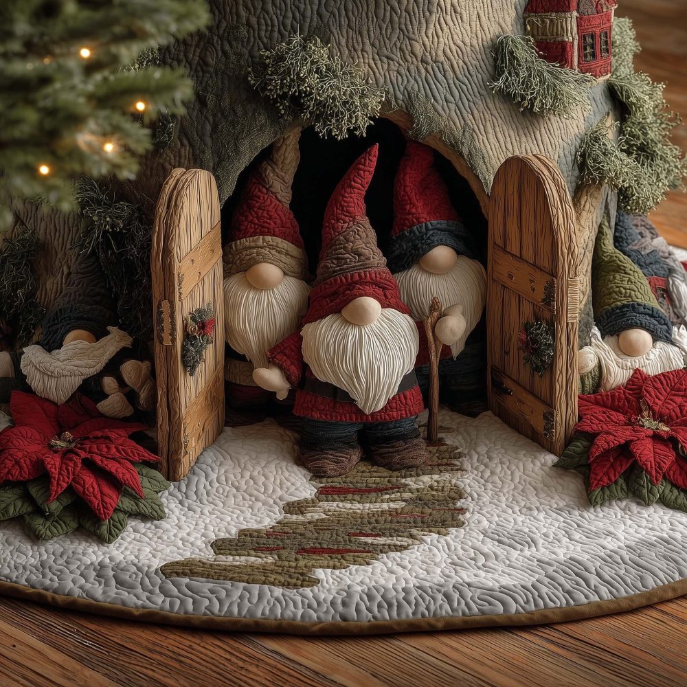 Barn Door Gnomes Christmas Tree Skirt — Country Chic Holiday Floor Mat, Custom Hand-Dyed Print, Soft Fleece Backing