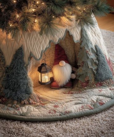 Snowy Teepee Gnome Tree Skirt — Handcrafted Winter Gnome Scene, Custom-Made Christmas Tree Collar For Cozy Décor