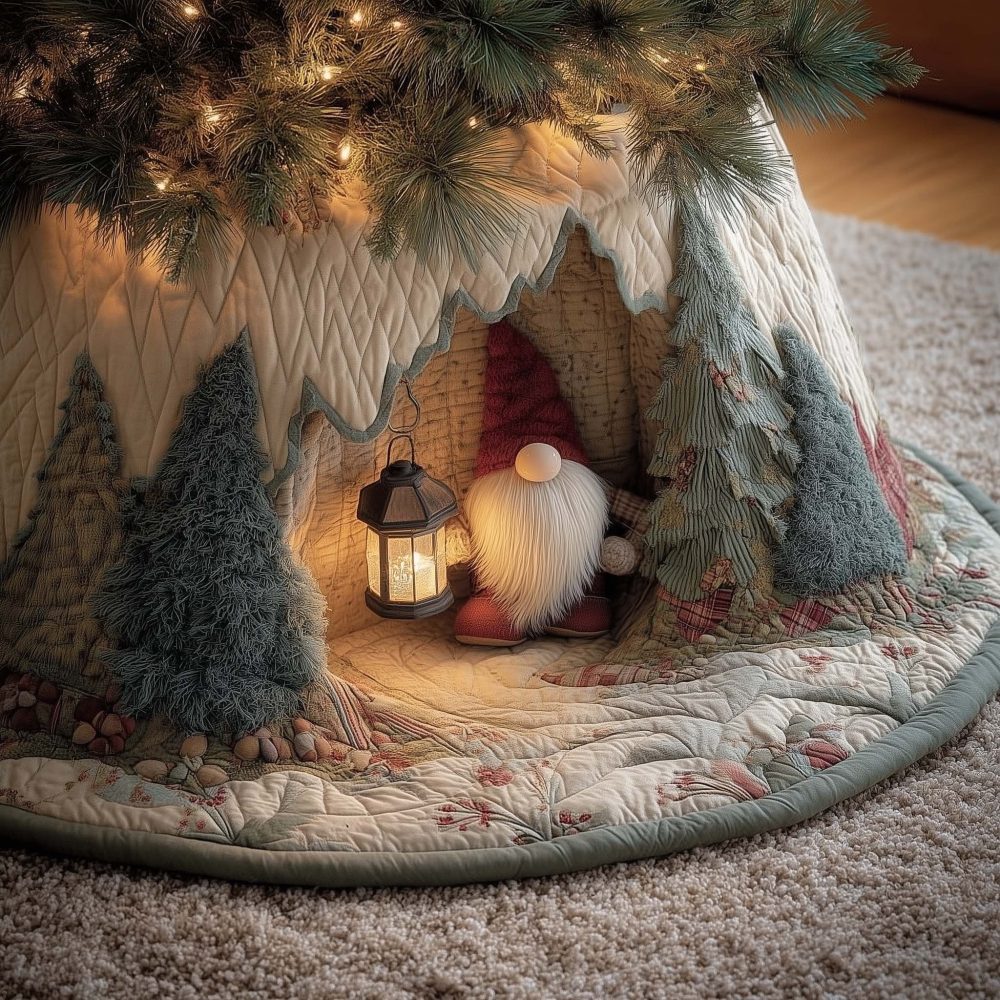 Snowy Teepee Gnome Tree Skirt — Handcrafted Winter Gnome Scene, Custom-Made Christmas Tree Collar For Cozy Décor