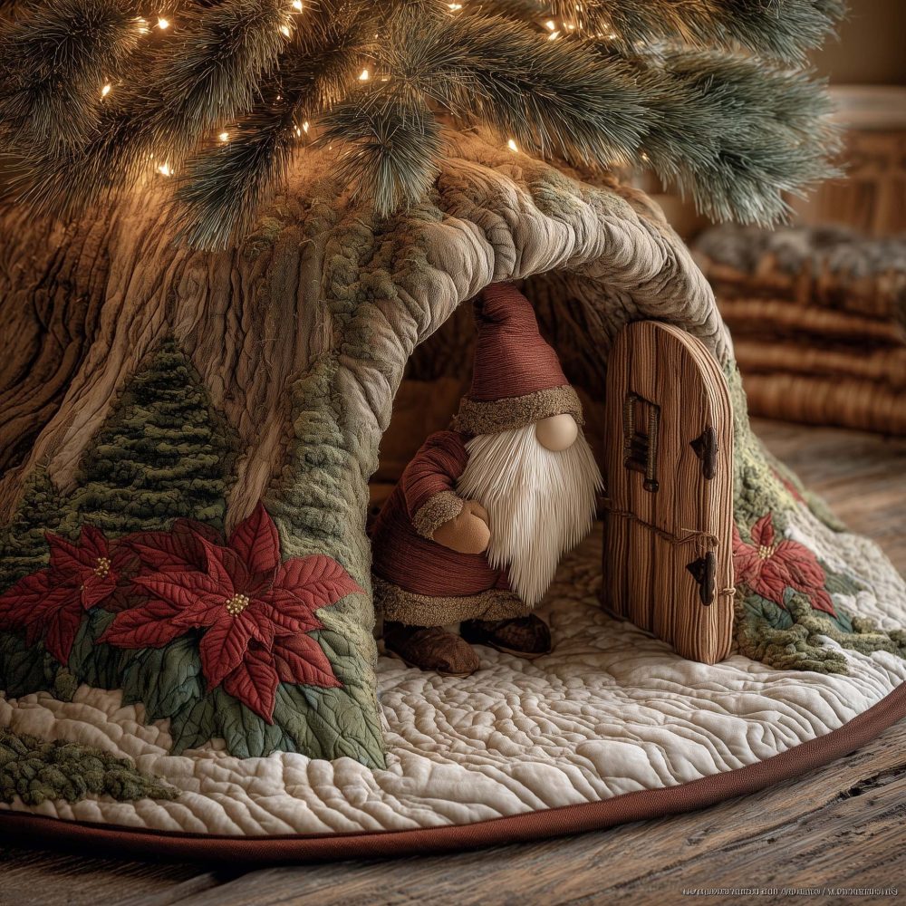 Charming Little Oak Door Gnome Tree Skirt — Handmade Forest Gnome Holiday Tree Collar, Made-To-Order Cozy Décor