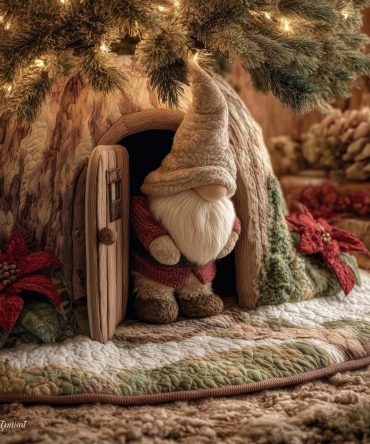 Hidden Gnome Peeking Behind Wooden Door Christmas Tree Skirt — Rustic Holiday Tree Collar, Custom Sizes, Durable Polyester