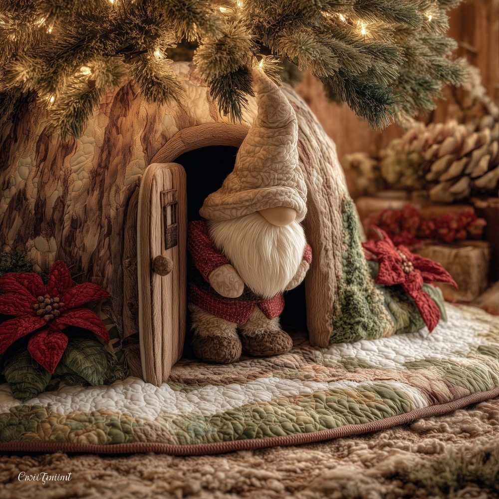 Hidden Gnome Peeking Behind Wooden Door Christmas Tree Skirt — Rustic Holiday Tree Collar, Custom Sizes, Durable Polyester