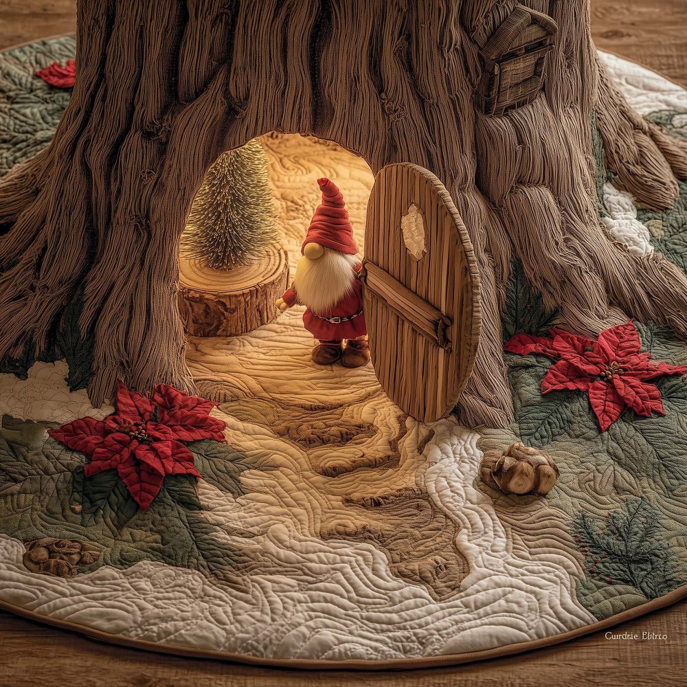 Round Tree Door Gnome Christmas Skirt — Handcrafted Circular Tree Mat, Festive Gnome Design, Machine-Washable, Gift-Ready