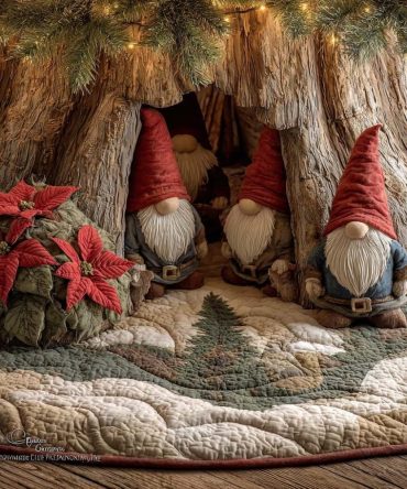 Whimsical Gnomes & Poinsettias Christmas Tree Skirt — Custom Handcrafted Holiday Mat, Soft Plush, Ideal For Festive Decor