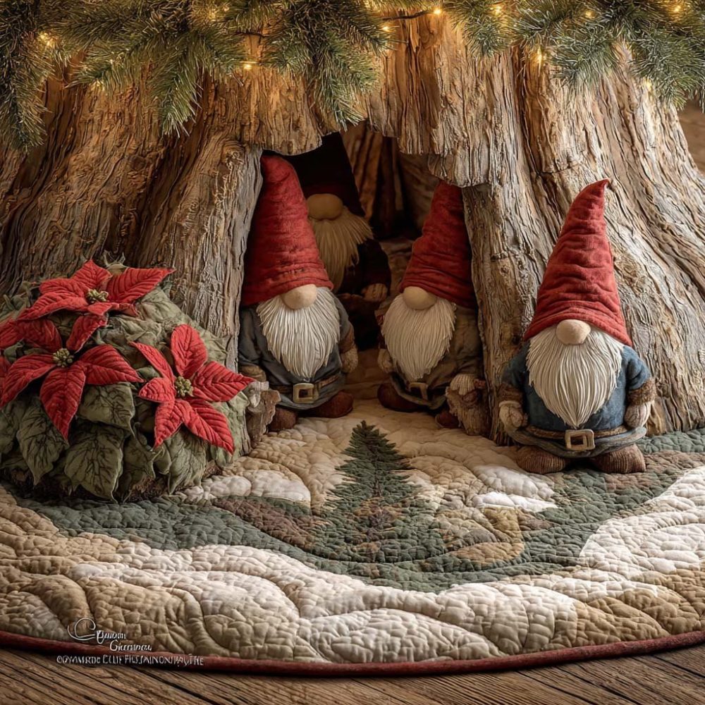 Whimsical Gnomes & Poinsettias Christmas Tree Skirt — Custom Handcrafted Holiday Mat, Soft Plush, Ideal For Festive Decor