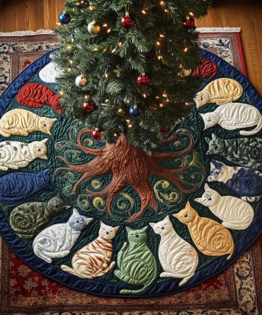 Cats Circling Green Christmas Tree Skirt — Whimsical Cat Ring Design, Lush Green Holiday Mat, Machine-Washable, Perfect Gift