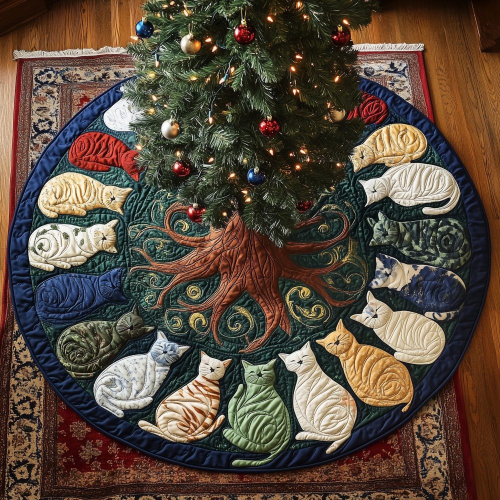 Cats Circling Green Christmas Tree Skirt — Whimsical Cat Ring Design, Lush Green Holiday Mat, Machine-Washable, Perfect Gift