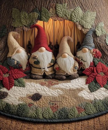 Festive Gnome & Poinsettia Christmas Tree Skirt — Handmade Holiday Tree Mat, Premium Soft Fabric, Custom Size Options