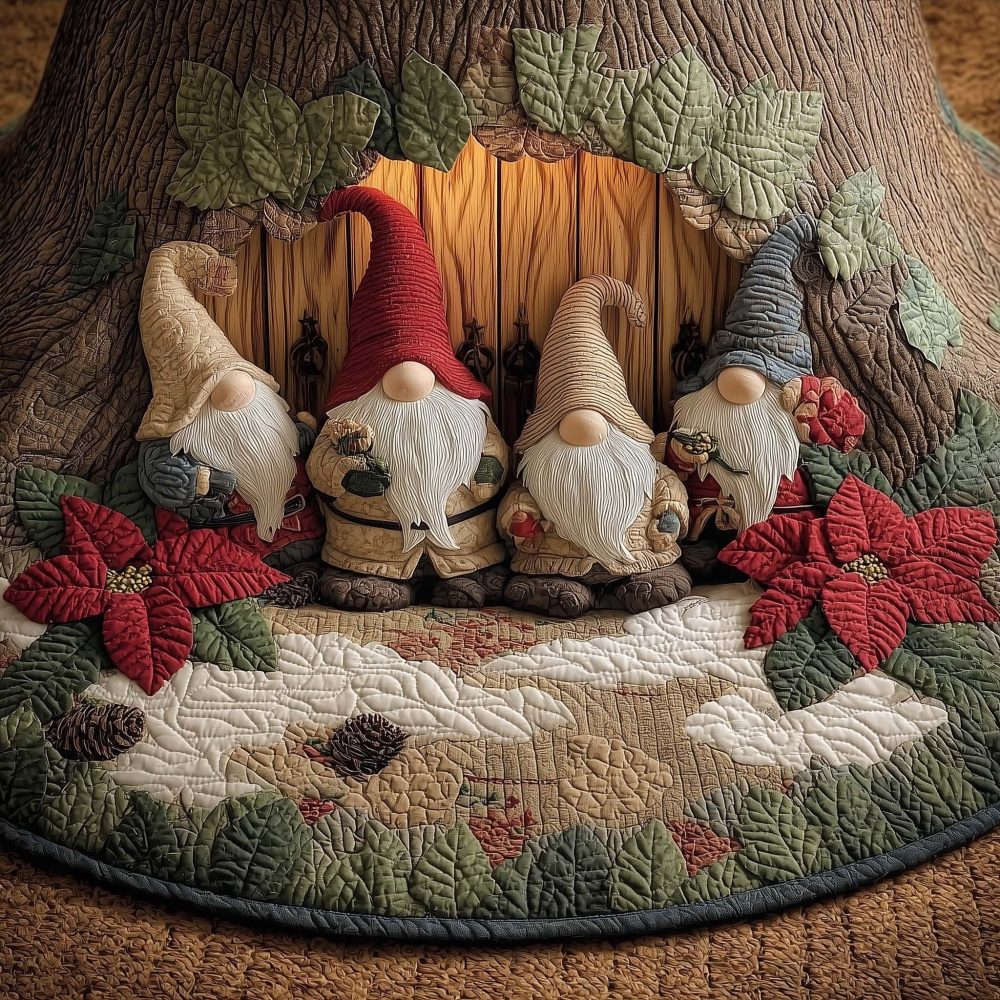 Festive Gnome & Poinsettia Christmas Tree Skirt — Handmade Holiday Tree Mat, Premium Soft Fabric, Custom Size Options