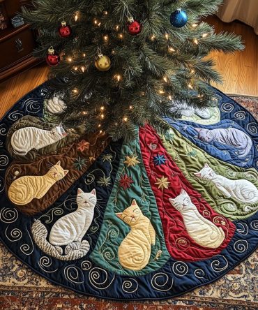 White Cat Silhouette Navy & Red Christmas Tree Skirt — Bold Holiday Cat Design, Premium Velvet Finish, Gift-Ready, Custom Sizes
