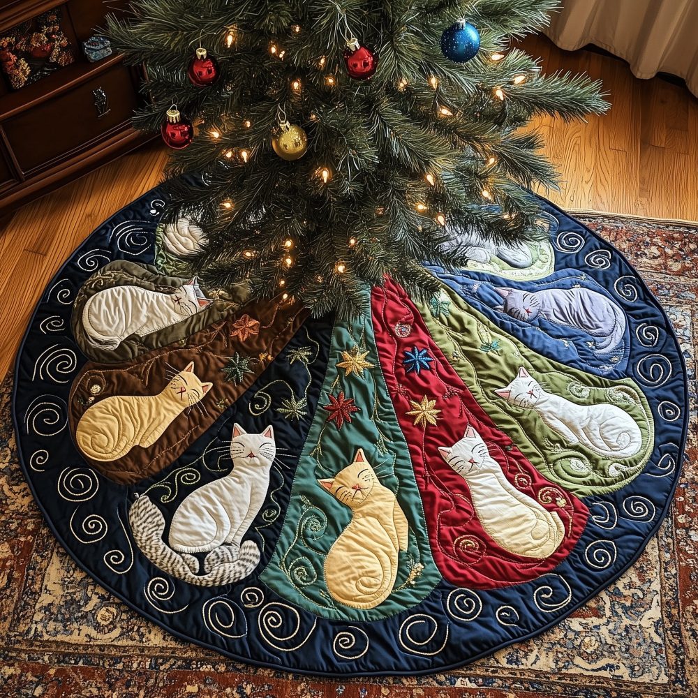 White Cat Silhouette Navy & Red Christmas Tree Skirt — Bold Holiday Cat Design, Premium Velvet Finish, Gift-Ready, Custom Sizes