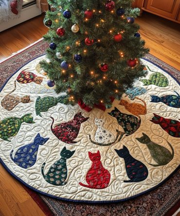 Teal & Cream Patterned Cat Christmas Tree Skirt — Stylish Holiday Cat Lover Tree Mat, Vibrant Print, Machine-Washable, Custom Fit
