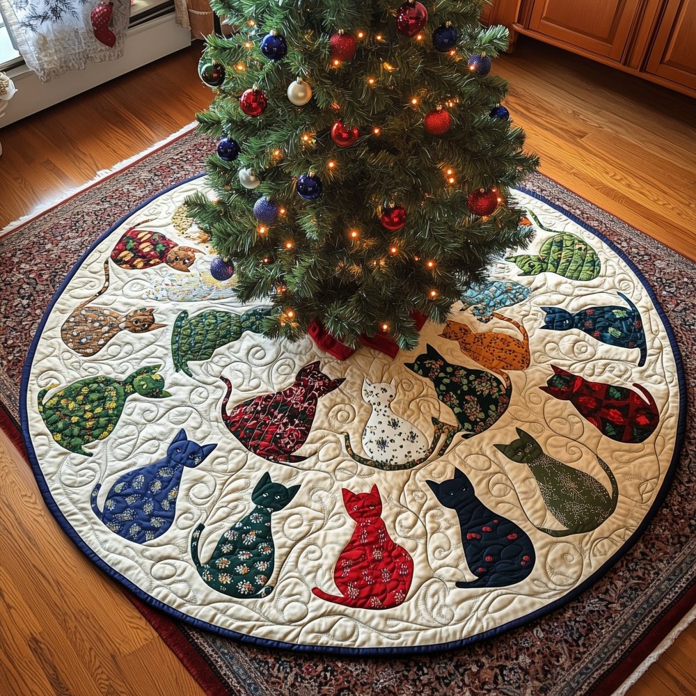 Teal & Cream Patterned Cat Christmas Tree Skirt — Stylish Holiday Cat Lover Tree Mat, Vibrant Print, Machine-Washable, Custom Fit