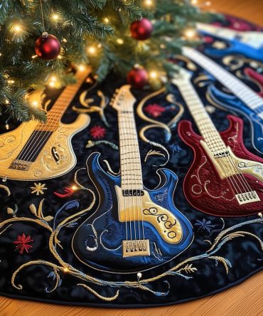 Navy & Gold Electric Guitar Christmas Tree Skirt With Scrolls - Custom Quilted Rock Star Holiday Skirt, Handmade Statement Decor