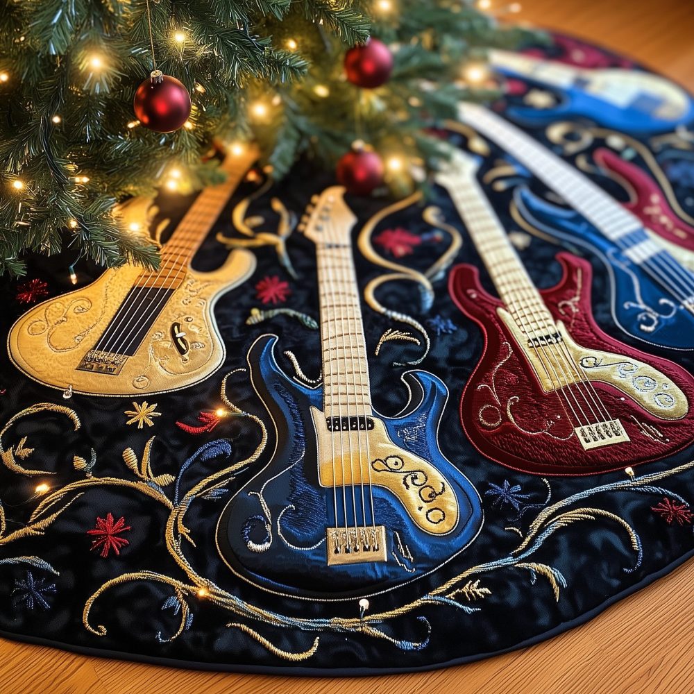 Navy & Gold Electric Guitar Christmas Tree Skirt With Scrolls - Custom Quilted Rock Star Holiday Skirt, Handmade Statement Decor