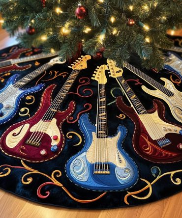 Red & Blue Electric Guitar Christmas Tree Skirt On Black - Custom Quilted Rock Holiday Skirt, Handmade Musician Gift