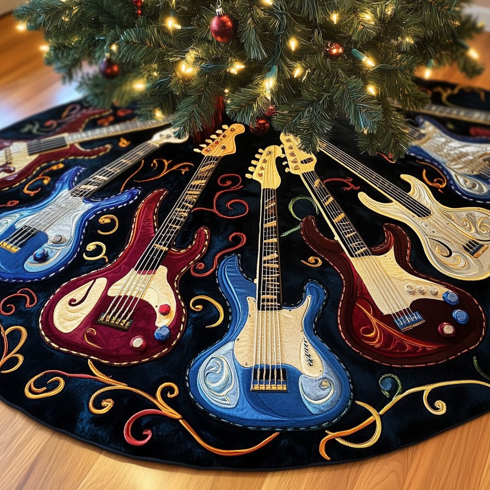 Red & Blue Electric Guitar Christmas Tree Skirt On Black - Custom Quilted Rock Holiday Skirt, Handmade Musician Gift