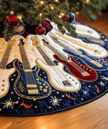 White & Navy Panel Guitar Christmas Tree Skirt - Custom Quilted Music-Themed Holiday Skirt, Handmade Accent For Band Fans