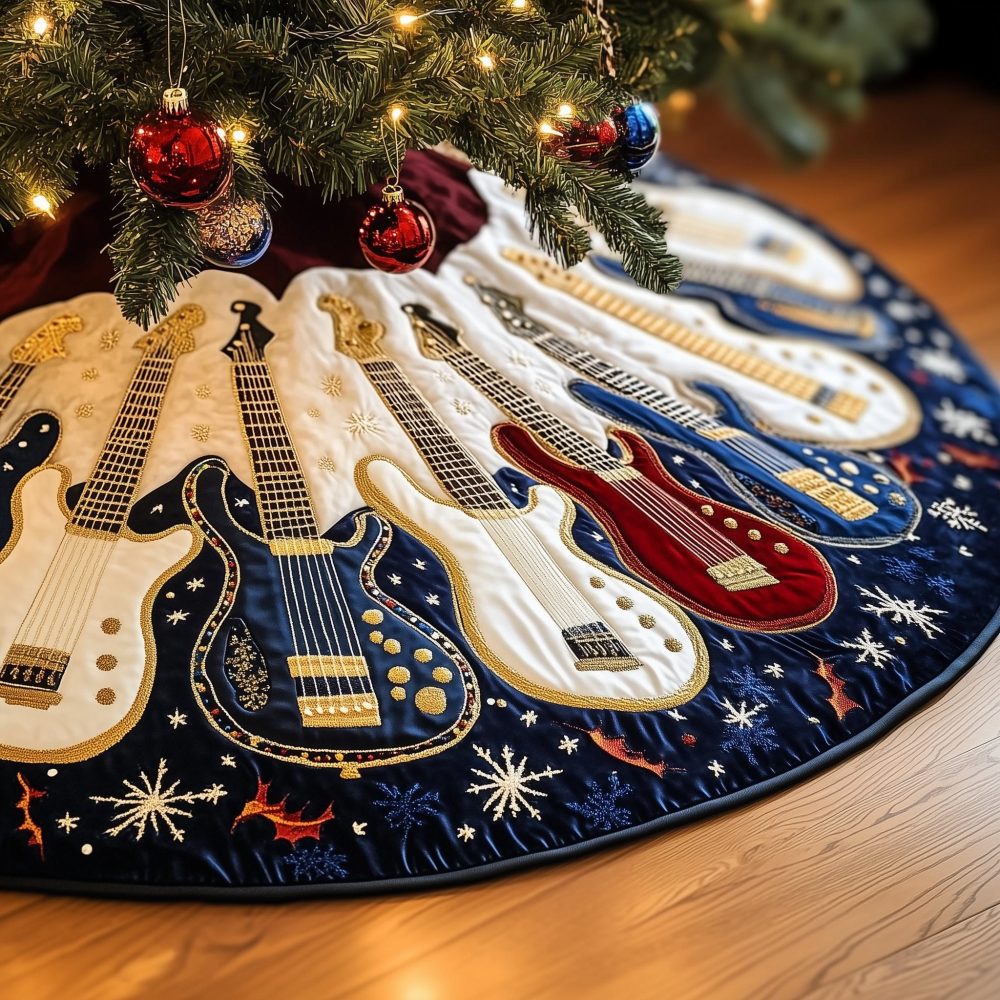 White & Navy Panel Guitar Christmas Tree Skirt - Custom Quilted Music-Themed Holiday Skirt, Handmade Accent For Band Fans