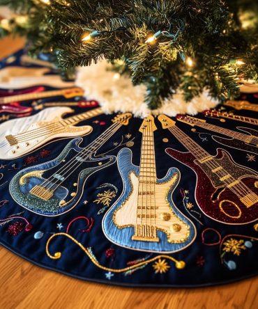 Blue Guitar Circle Christmas Tree Skirt On Navy - Custom Quilted Music Holiday Skirt, Handmade Gift For Guitarists