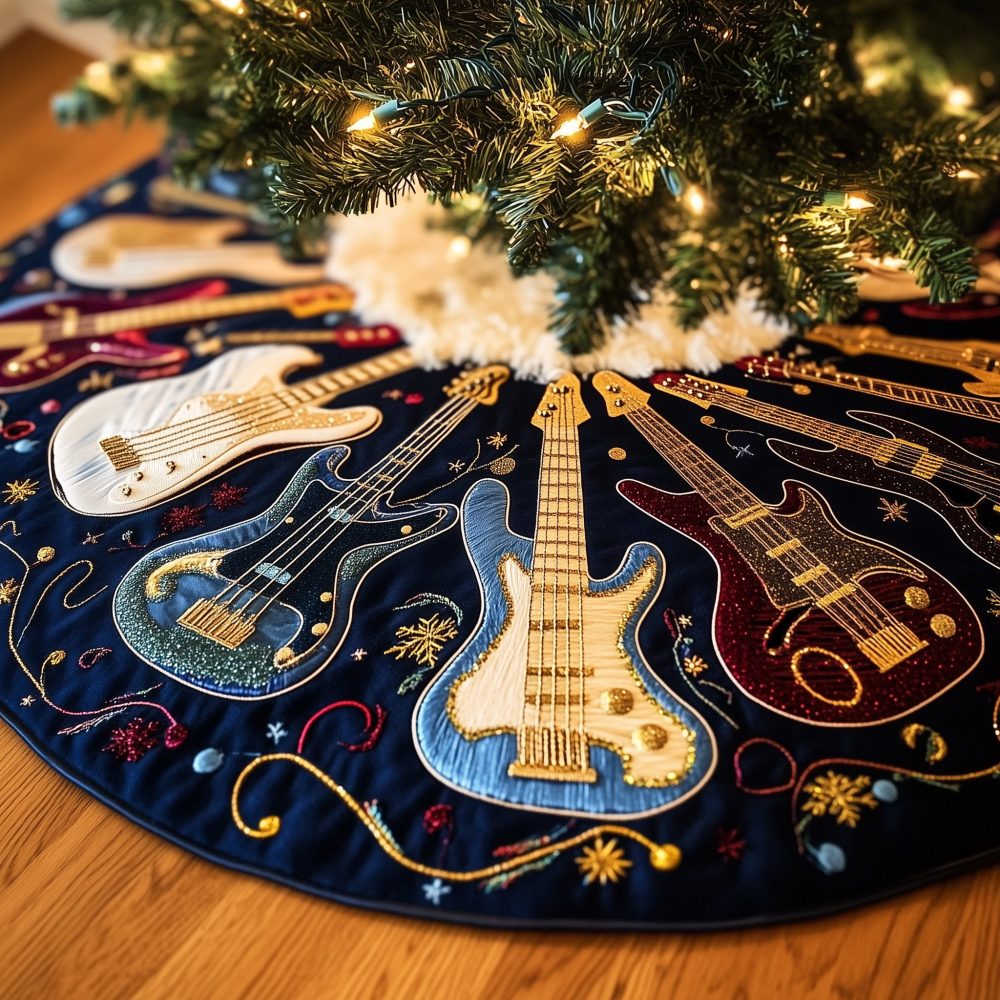 Blue Guitar Circle Christmas Tree Skirt On Navy - Custom Quilted Music Holiday Skirt, Handmade Gift For Guitarists