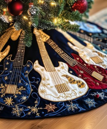 Navy & White Guitar Snowflake Christmas Tree Skirt - Custom Quilted Music Lover Holiday Skirt, Handmade Festive Decor