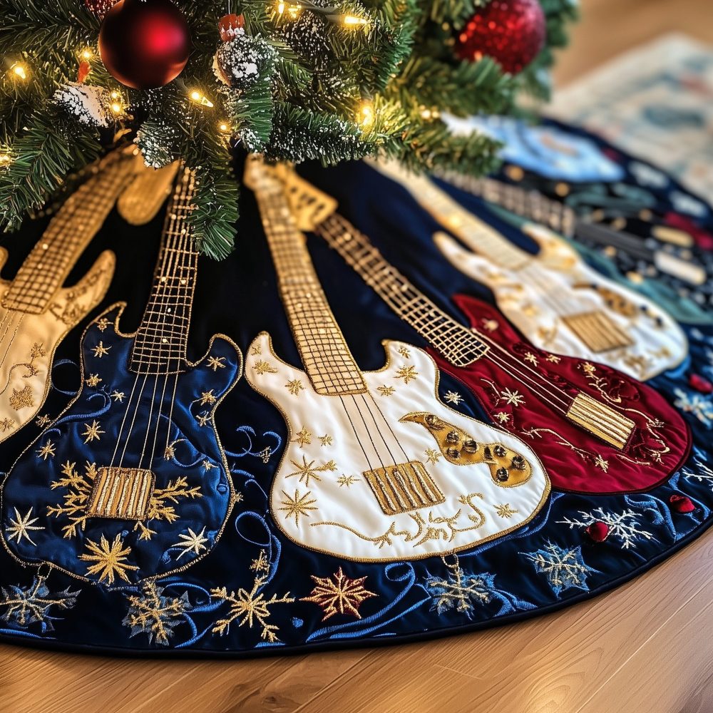 Navy & White Guitar Snowflake Christmas Tree Skirt - Custom Quilted Music Lover Holiday Skirt, Handmade Festive Decor