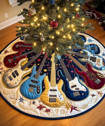 Colorful Starburst Guitar Christmas Tree Skirt - Vibrant Quilted Holiday Skirt For Music Fans, Custom Handmade Limited Edition