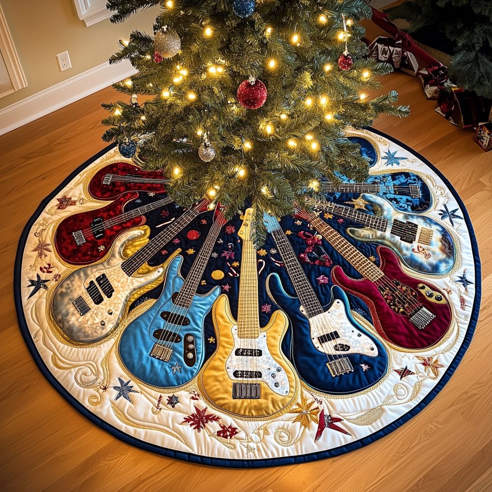 Colorful Starburst Guitar Christmas Tree Skirt - Vibrant Quilted Holiday Skirt For Music Fans, Custom Handmade Limited Edition
