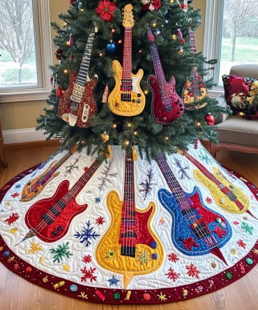 Custom White Snowflake Guitar Tree Skirt — Premium Electric Guitar Holiday Design, Made-To-Order Christmas Decor