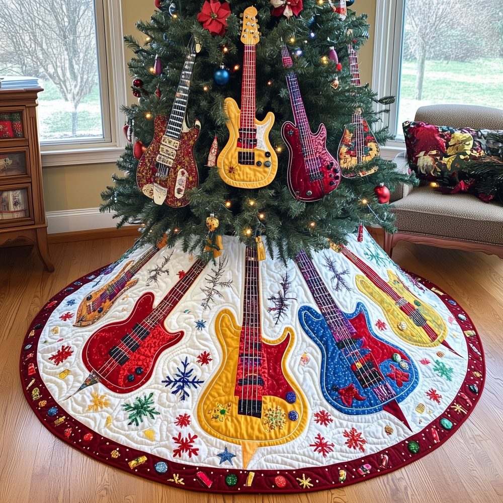 Custom White Snowflake Guitar Tree Skirt — Premium Electric Guitar Holiday Design, Made-To-Order Christmas Decor