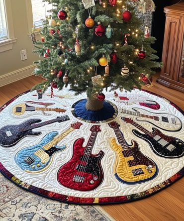 Full-Color Guitar Circle Holiday Tree Skirt - Vibrant Custom Christmas Skirt With Guitar Motifs, Handmade Gift For Musicians