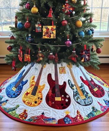 Patchwork Guitar Quilt-Ring Holiday Tree Skirt - Custom Quilted Christmas Skirt With Guitar Patches, Handmade Musical Home Decor