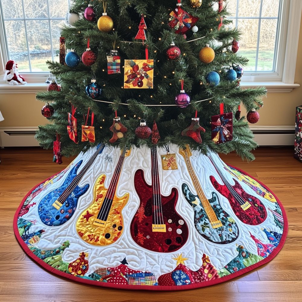 Patchwork Guitar Quilt-Ring Holiday Tree Skirt - Custom Quilted Christmas Skirt With Guitar Patches, Handmade Musical Home Decor
