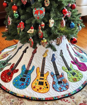 Plaid Rainbow Guitar Holiday Tree Skirt - Custom Musical Christmas Skirt With Plaid Guitars, Handmade Gift For Musicians