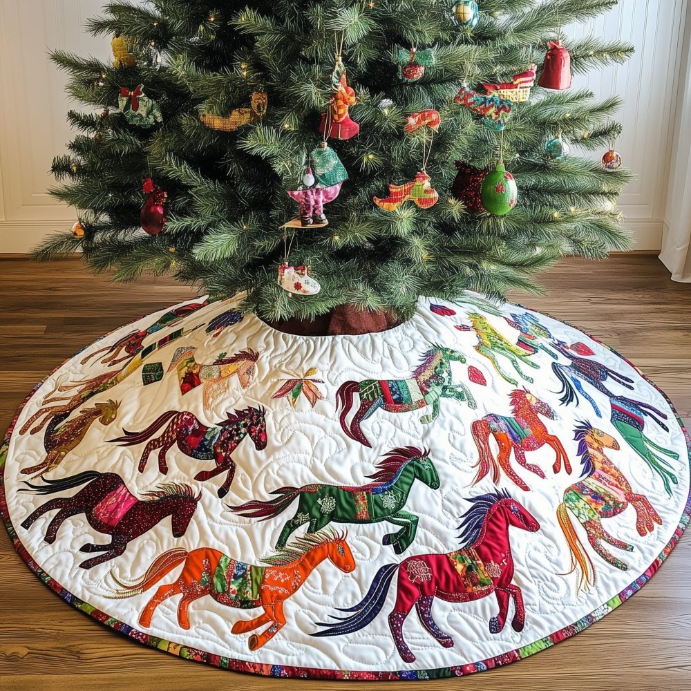 Painted Ponies March Holiday Tree Skirt - Custom Colorful Christmas Skirt Featuring Playful Ponies, Handmade Equestrian Gift