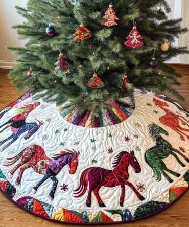 Folk Horse Berry Tones Holiday Tree Skirt - Handmade Rustic Christmas Skirt With Warm Berry Colors & Equestrian Motifs