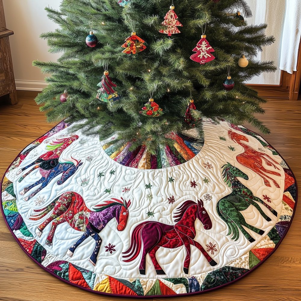 Folk Horse Berry Tones Holiday Tree Skirt - Handmade Rustic Christmas Skirt With Warm Berry Colors & Equestrian Motifs