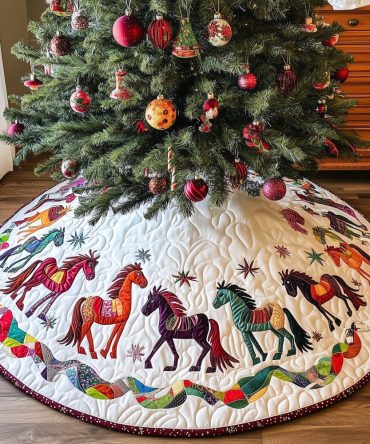 Patch Border Horse Parade Holiday Tree Skirt - Custom Quilted Christmas Skirt Featuring Horses In Motion, Handmade Home Decor