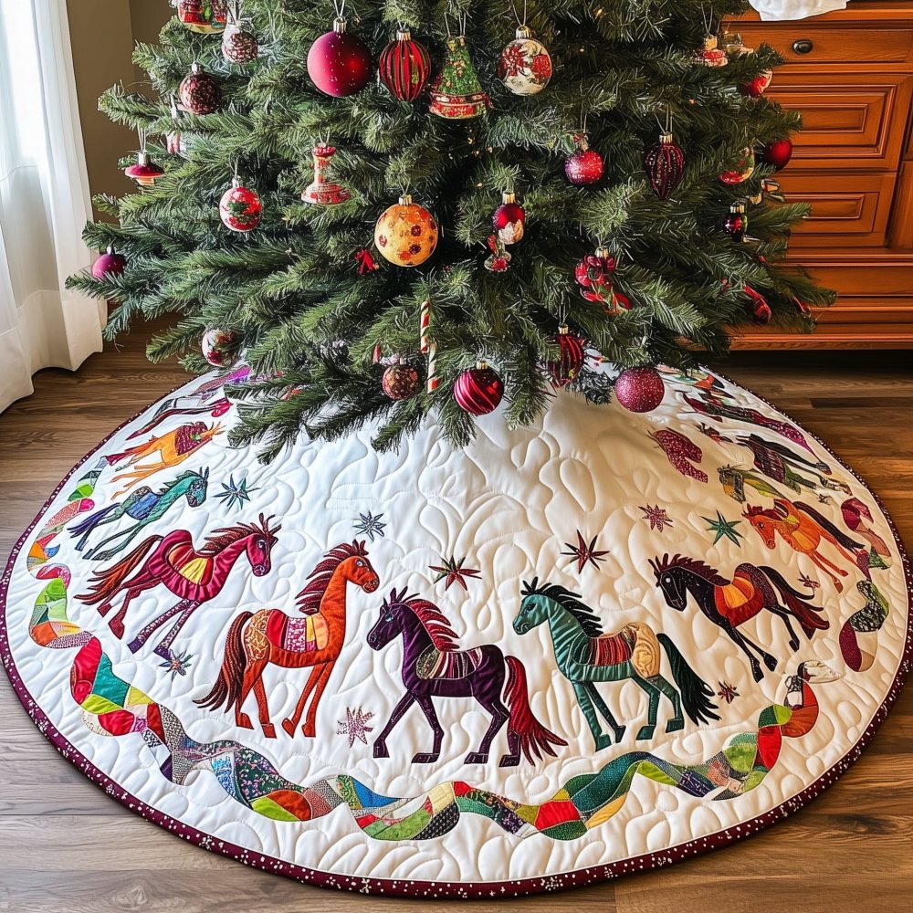 Patch Border Horse Parade Holiday Tree Skirt - Custom Quilted Christmas Skirt Featuring Horses In Motion, Handmade Home Decor
