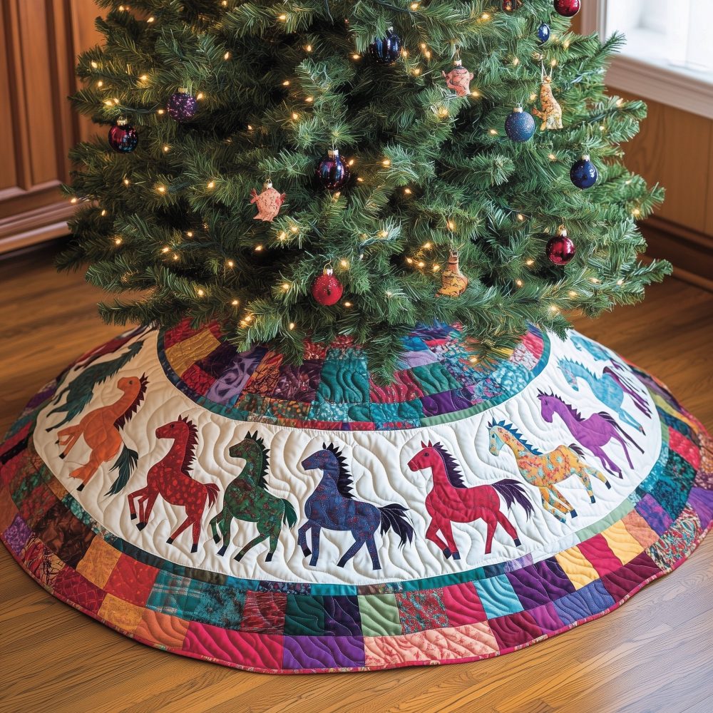Vibrant Rainbow Horse Ring Holiday Tree Skirt - Custom Colorful Christmas Skirt On White, Handmade Equestrian Decor