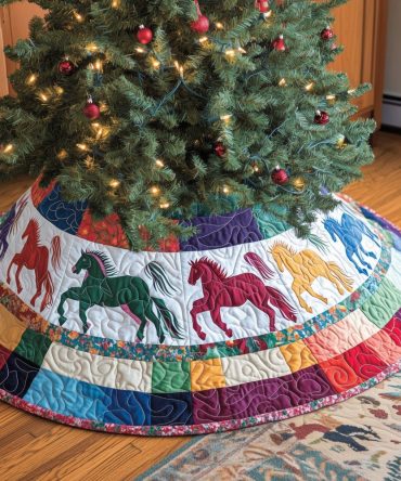 Harlequin Border Horse Holiday Tree Skirt - Custom Equestrian Christmas Skirt With Stylized Horses, Handmade Home Accent