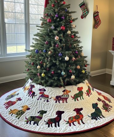 Patchwork Dachshund On The Walk Holiday Tree Skirt - Custom Quilted Christmas Skirt, Cozy Dog Themed Decor