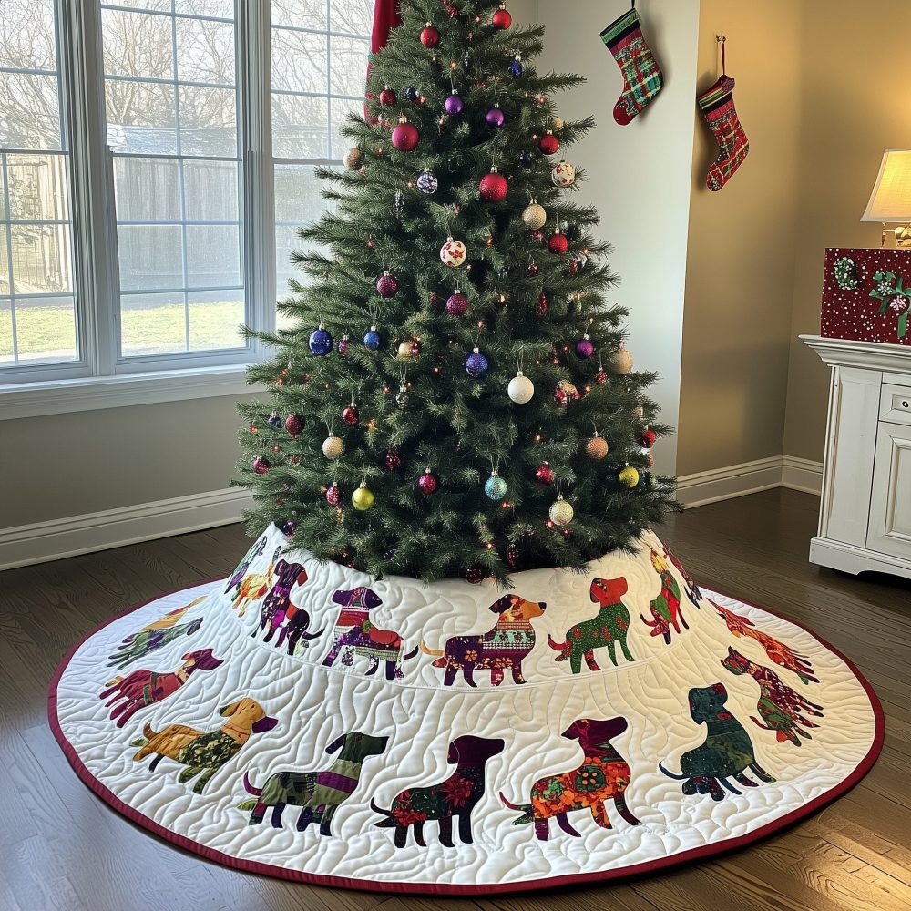 Patchwork Dachshund On The Walk Holiday Tree Skirt - Custom Quilted Christmas Skirt, Cozy Dog Themed Decor