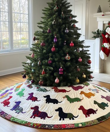 Rainbow Dachshund Silhouette Holiday Tree Skirt - Bright Custom Christmas Skirt For Pet Lovers & Festive Rooms