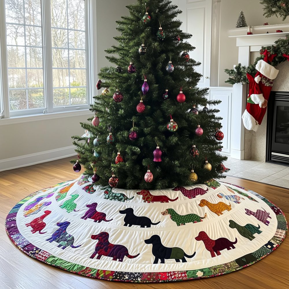 Rainbow Dachshund Silhouette Holiday Tree Skirt - Bright Custom Christmas Skirt For Pet Lovers & Festive Rooms