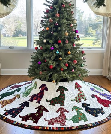Custom Plaid Dachshund Christmas Tree Skirt - Snow White Holiday Tree Skirt, Handmade Dog Lover Gift