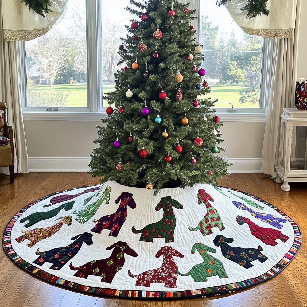 Custom Plaid Dachshund Christmas Tree Skirt - Snow White Holiday Tree Skirt, Handmade Dog Lover Gift