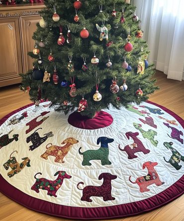 Handmade Folk Dachshund Holiday Tree Skirt - Custom Wine-Edged Christmas Tree Skirt For Dog Lovers' Decor
