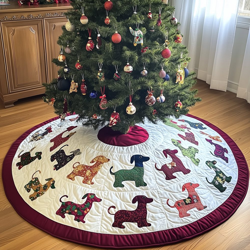 Handmade Folk Dachshund Holiday Tree Skirt - Custom Wine-Edged Christmas Tree Skirt For Dog Lovers' Decor